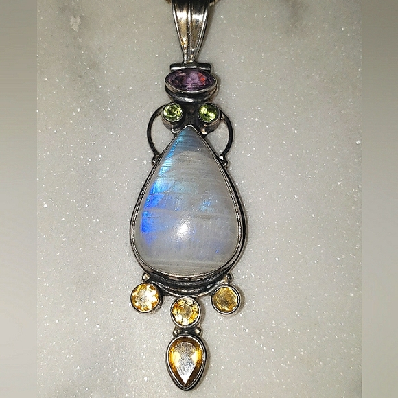 Artisan Jewelry - Gorgeous Moonstone, Citrine, Peridot, & Amethyst Silver Pendant Necklace